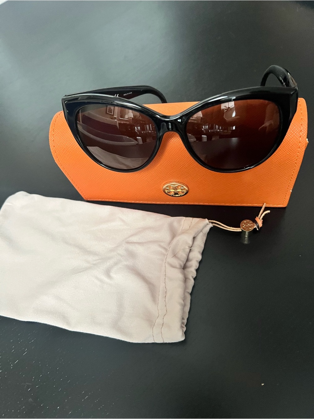 Tory Burch Black Cat-Eye Sunglasses with Orange Case
